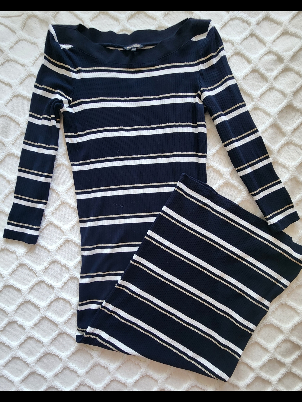 Massimo Dutti Navy, White & Cream Striped Ribbed Dress